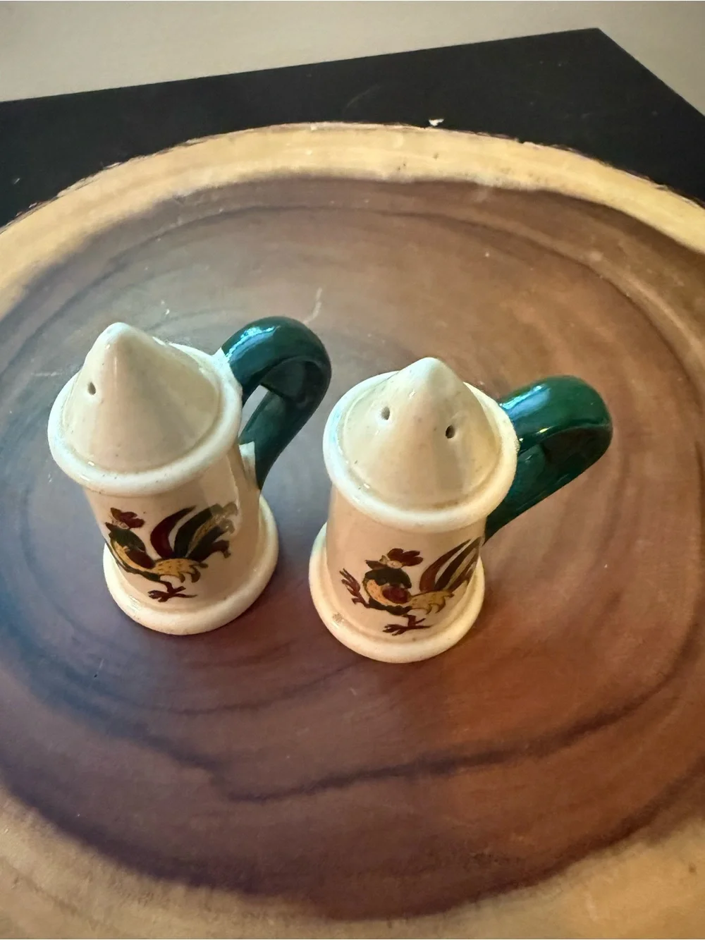 Farmhouse Cream Ceramic Rooster Salt & Pepper Shaker Set with Green Handles -
